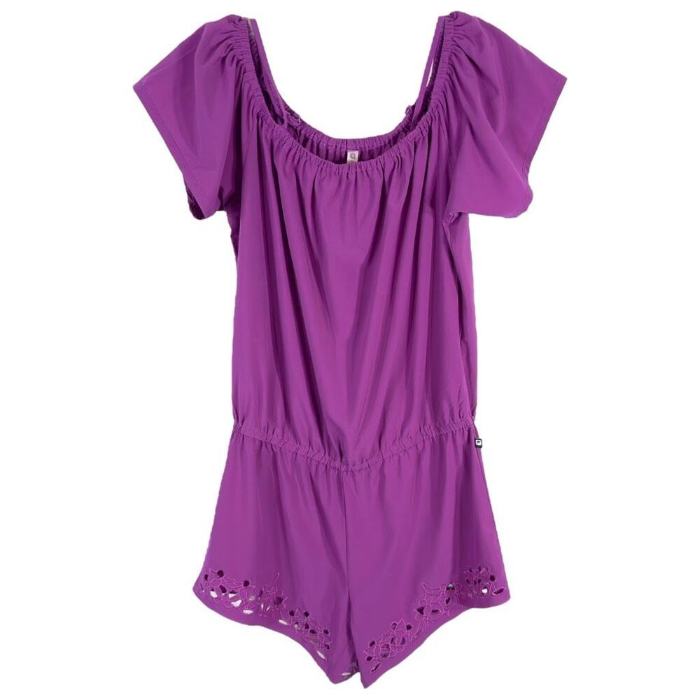Fabletics XS Romper Perforated Legs Purple Off Shoulder Short Sleeve 1304